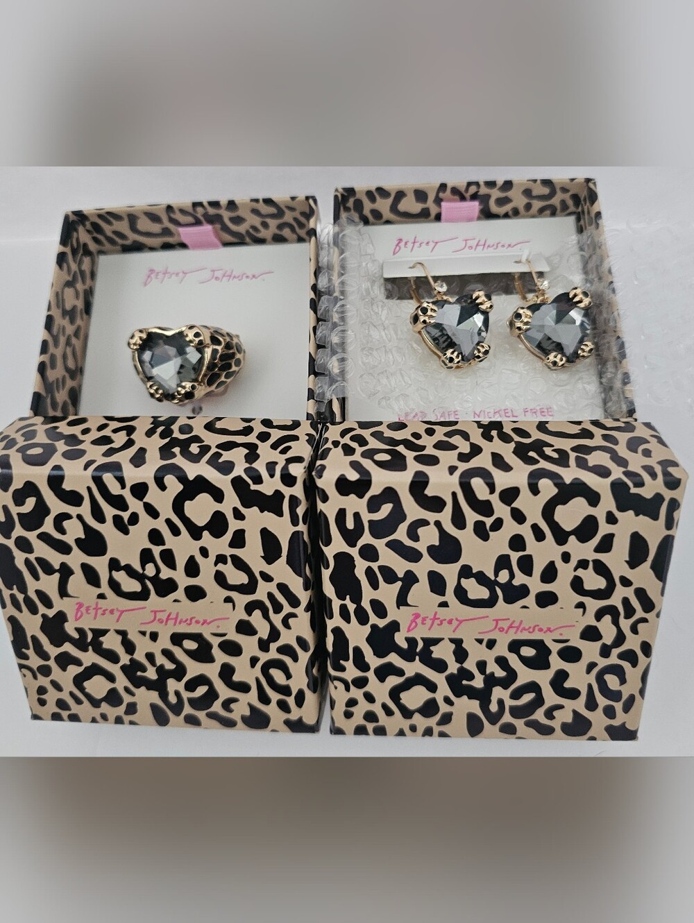 BETSEY JOHNSON TIGER PAWS SET OF RING AND EARRINGS NIB! Smoky Crystals! Gorgeous